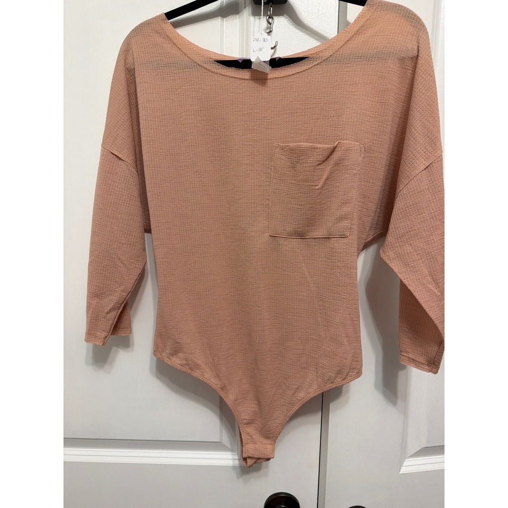 Wisteria Lane Womens Waffle Knit Bodysuit Peach Pink Dolman Sleeve Medium